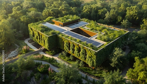 Aerial view of modern sustainable building covered in greenery with solar panels with contemporary eco friendly structure surrounded trees plants