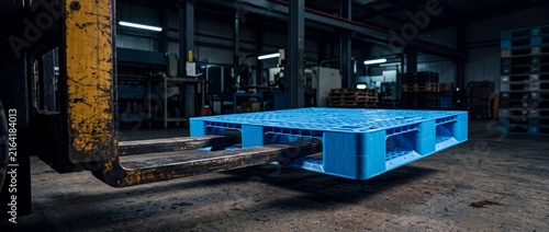 Heavy duty forklift carrying blue plastic shipping pallet inside dimly lit storage warehouse for efficient warehouse materials handling tasks