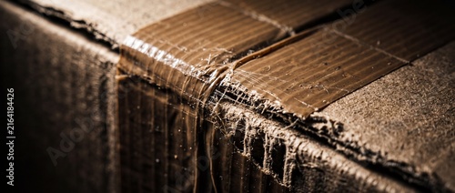 Macro view of textured brown packaging tape securing a cardboard box showing fibrous torn edges and sticky adhesive material detail