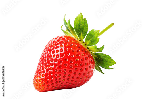 Fresh red strawberry fruit with green leaves attached isolated on transparent background featuring vibrant skin texture for culinary food marketing.
