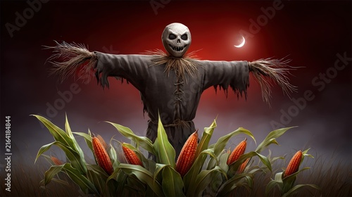 Creepy Scarecrow with Scary Skull Head in a Dark Cornfield at Night