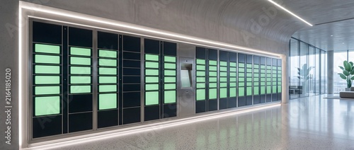Modern electronic parcel locker station in a sleek concrete office corridor with glowing green screens on secure storage compartments