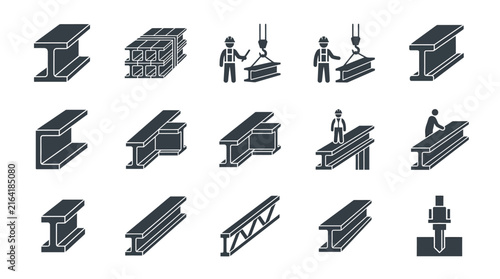 Structural steel beams and metal girder icons.