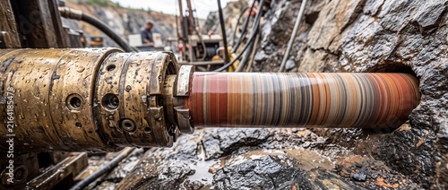 Close up view of high precision core drilling equipment penetrating solid rock wall for geological survey and resource extraction work