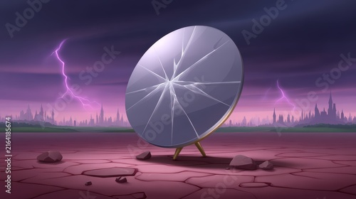 Shattered cursed magical mirror in a desolate stormy wasteland with lightning