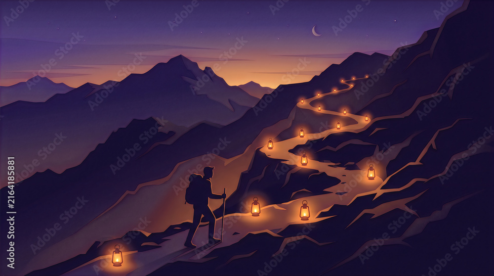 Fototapeta premium Hiker silhouette following glowing lanterns up mountain path guided journey concept vector illustration