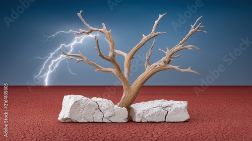 Gnarled skeletal tree on cracked desert ground with lightning