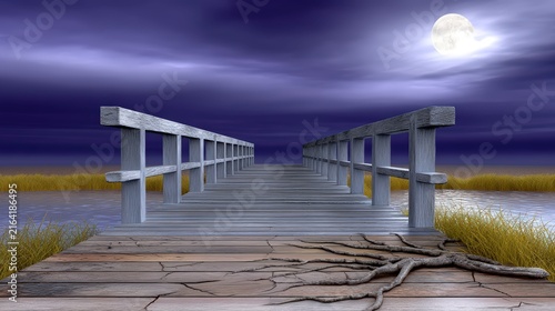 Wooden bridge over a calm river under a full moon in a night landscape