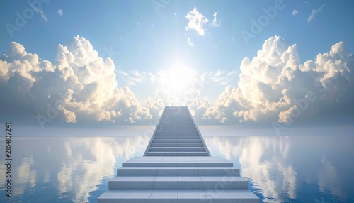Stairway ascending towards bright sun and fluffy clouds above calm water with white stairway sky reflection stairway to heave