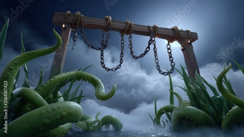Eerie dark landscape with monster tentacles rising from mist under moonlight