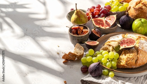 Assorted fresh fruits including figs pears grapes bread arranged on a table with still life ripe pears green grapes culinary