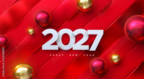 Happy New 2027 Year. Vector holiday illustration. White paper number 2027. Wavy red ribbons background with Christmas balls. Festive banner. Decoration for poster or cover design