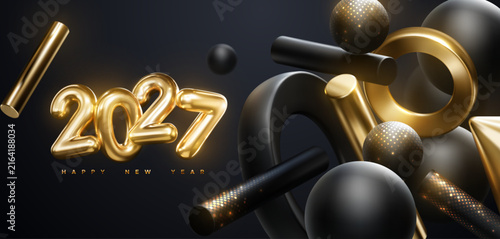 Golden 2027 numbers with flowing black and gold geometric 3d shapes. Vector festive illustration. Happy New 2027 Year. Festive poster or banner design. Party invitation
