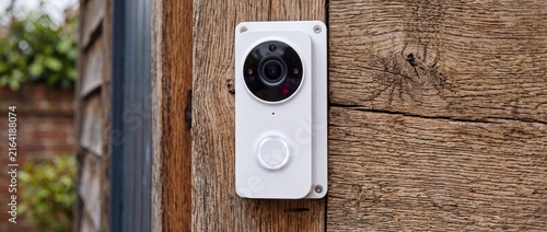 Modern wireless outdoor smart doorbell camera with white casing and illuminated push button mounted on rustic textured timber wood plank