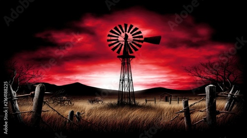 Abandoned windmill in a desolate rural landscape under a dramatic red twilight sky