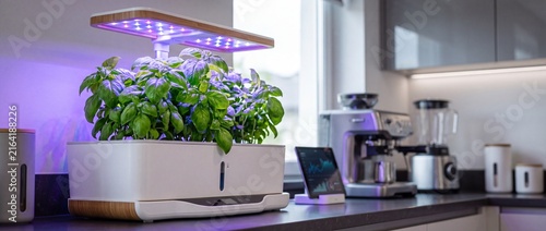 Smart indoor herb garden system with purple led grow lights cultivates fresh green basil on kitchen counter next to modern coffee machine