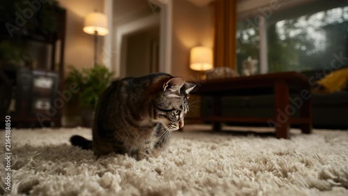 Cozy Indoor Tabby Cat Sitting on Plush Carpet in Warmly Lit Living Room