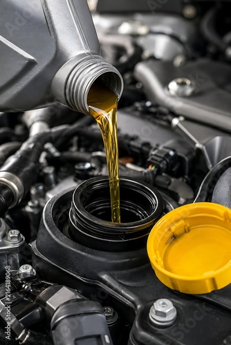 Pouring fresh golden motor oil into car engine during maintenance