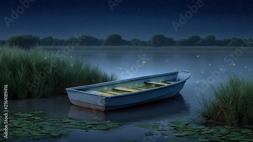 A peaceful rowing boat floating on a calm lake with fireflies under a starry night sky