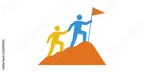 Obraz na plátně Success icon depicts blue person reaching mountain summit with orange flag while helping yellow companion climb up representing mentorship