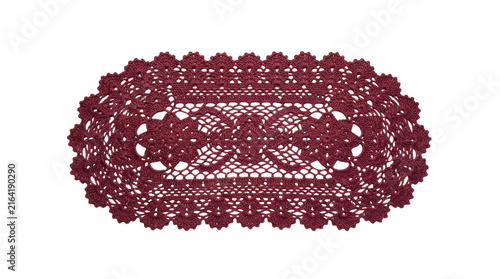 Oval red crochet lace table runner with floral motifs on white background