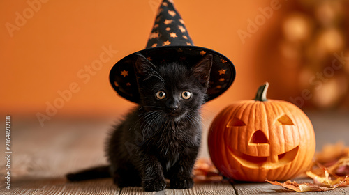Halloween kitten wearing witch hat with jack-o'-lantern pumpkin, autumn leaves, festive spooky props on orange background, with copy space