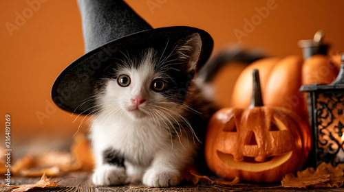 Halloween kitten wearing witch hat with jack-o'-lantern pumpkin, autumn leaves, festive spooky props on orange background, with copy space