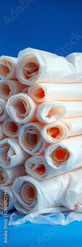 Rolled white material stacked against blue background