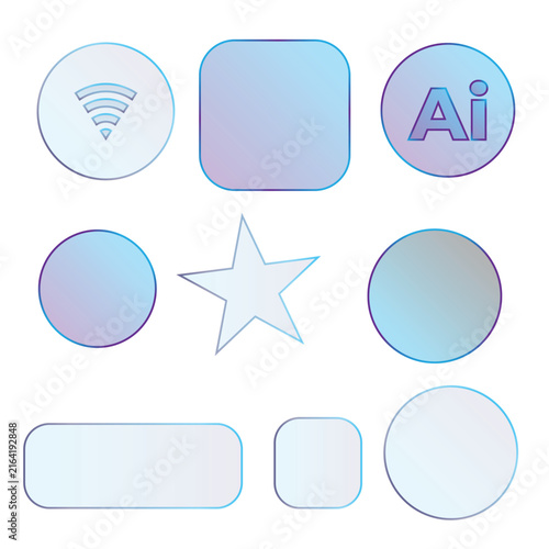 Set of blue gradient glassmorphism UI icons and shapes on white background