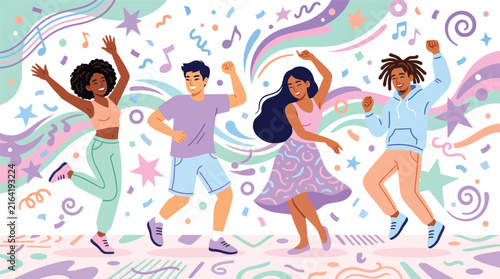 Joyful dancers celebrating at a festive party with colorful ribbons and confetti in a vibrant scene.
