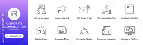 Bild auf Leinwand Corporate communication outline icon set featuring internal message announcement