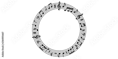 Fotografía Circular musical notation frame with black treble clef notes and staff lines for elegant concert invitations or creative sheet music art