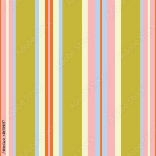 Multicoloured varied-width vertical stripe seamless repeat. Bold accent lines and colour columns of differing widths sequence rhythmically across a neutral ground, combining wide bands with narrows