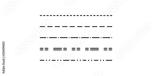 Fotografie Set of five different black dashed line styles for design, presentation, and user interface elements on transparent background
