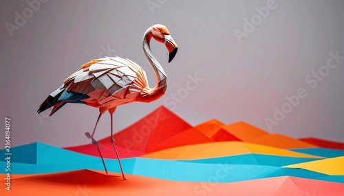 Origami flamingo standing over colorful geometric paper mountains and desert landscape with origami art