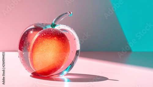 Transparent glass apple enclosing a red peach fruit on a pastel surface with glass sculpture glass art decorative fruit
