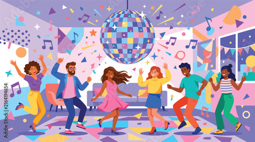 Obraz na plátně Group of diverse people dancing at colorful party with disco ball and confetti under decorative lights