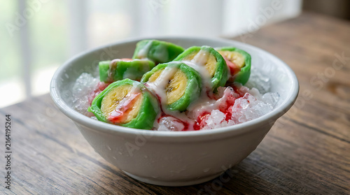 Es Pisang Ijo—a traditional specialty from Makassar consisting of a ripe banana wrapped in a steamed green layer—is served in a white bowl with sweet coconut milk sauce, ice, and red syrup.