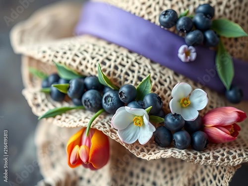 Blueberries and spring flowers arranged in woven basket