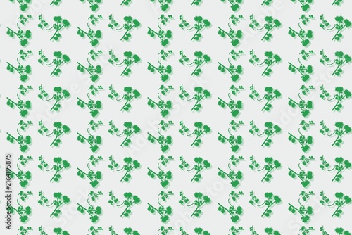 Modern botanical seamless tile, lobed leaves and star flowers in green