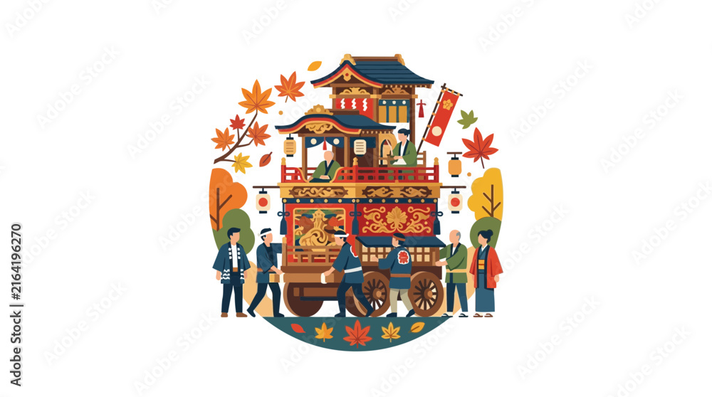 Fototapeta premium Colorful Japanese dashi float with autumn maple leaf border