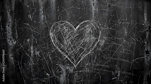 A heart drawn in white on a dark and moody black background with scratches