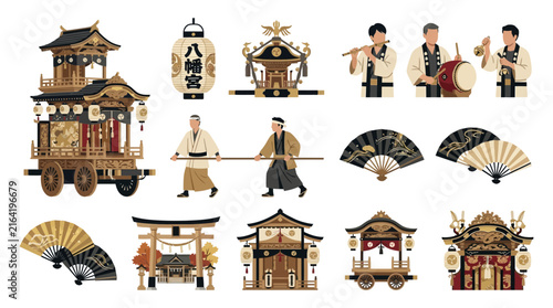 Colorful collection of Japanese festival icons and traditional musicians