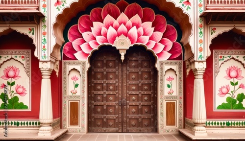 Grand wooden doors framed by ornate pink lotus arches