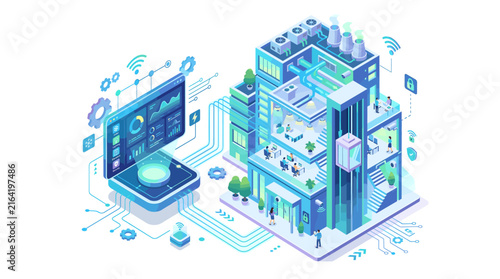 Smart building automation system isometric concept