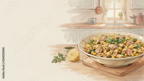 A national dish of Italian cuisine. 
Pasta fredda con tonno is a summer dish made with cold pasta, canned tuna, cherry tomatoes, and olives, dressed with olive oil. Photo with space for text. 