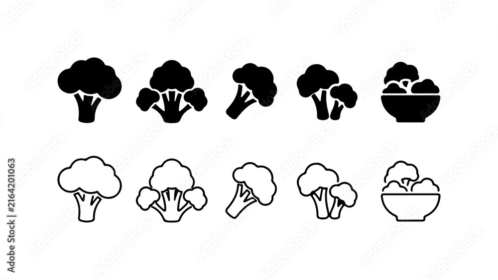 Obraz premium Broccoli Vegetable Icon Set in Silhouette and Outline Vector Style
