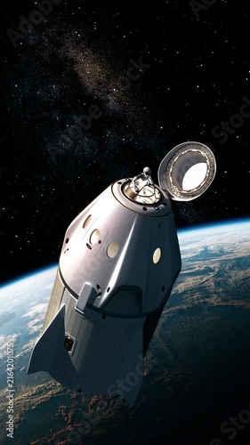3D animation of an astronaut jumping from a spacecraft into open space above Earth, illustrating space exploration, extravehicular activity, weightlessness and futuristic human spaceflight.