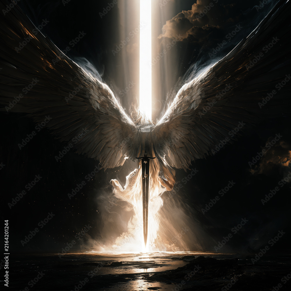Naklejka premium winged angel descending from heaven with a large sword,