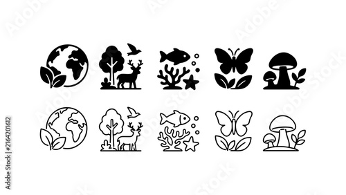 Nature and Environment Icon Set in Silhouette and Outline Vector Style